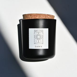 Dawn black glass candle with cork top.