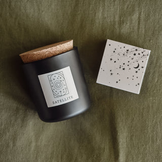 Satellite candle apothecary black glass with cork top and stars matchbox.