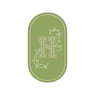 olive green oval H logo with tendrils on either side
