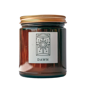 Dawn fine fragrance candle in an amber jar with a gold lid, large. Herland Home.