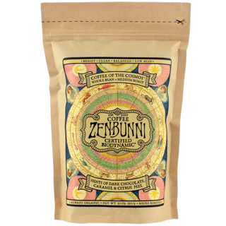 closeup of the Zenbnni coffee bag which describes notes of dark chocolate, caramel & citrus peel. Yum!