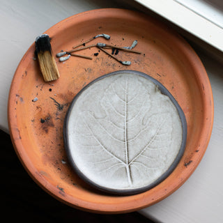ceramic dish with a botanical press of a fig leaf pictured atop a terra cotta tray with burnt matches and palo santo