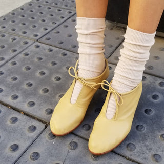 le bon shoppe trouser socks paired with yellow loafers
